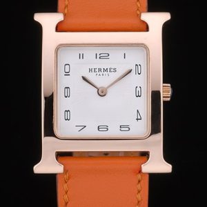 Hermes Heure H Rose Gold Bezel Orange Leather Strap White Dial 80234