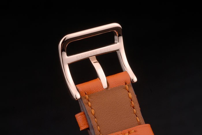 Hermes Heure H Rose Gold Bezel Orange Leather Strap White Dial 80234 - Image 10