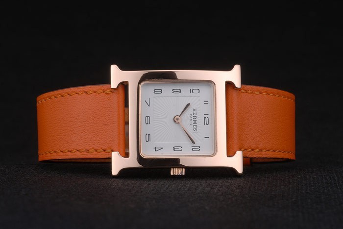 Hermes Heure H Rose Gold Bezel Orange Leather Strap White Dial 80234 - Image 4