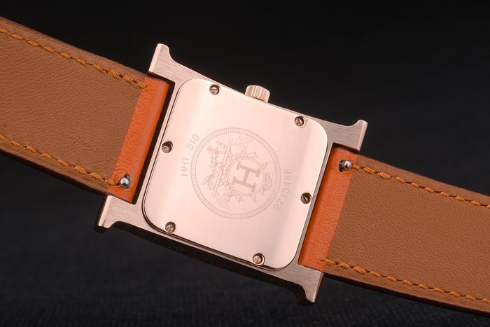 Hermes Heure H Rose Gold Bezel Orange Leather Strap White Dial 80234 - Image 7