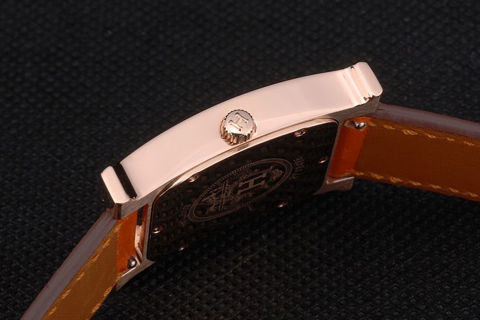 Hermes Heure H Rose Gold Bezel Orange Leather Strap White Dial 80234 - Image 8