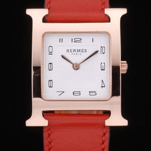 Hermes Heure H Rose Gold Bezel White Dial Red Leather Strap 80233