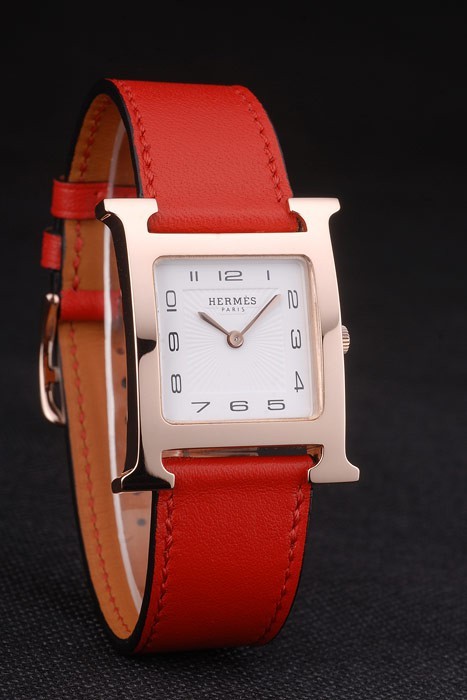 Hermes Heure H Rose Gold Bezel White Dial Red Leather Strap 80233 - Image 3