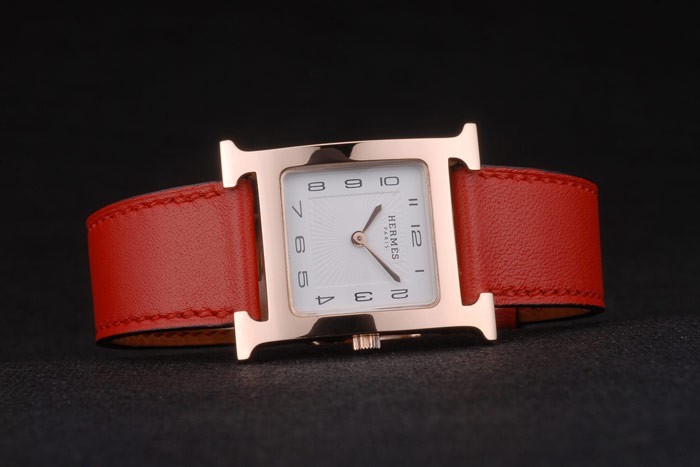 Hermes Heure H Rose Gold Bezel White Dial Red Leather Strap 80233 - Image 4