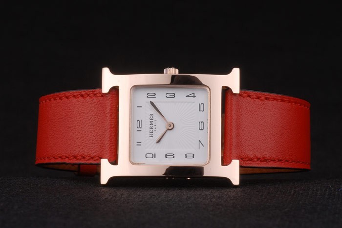 Hermes Heure H Rose Gold Bezel White Dial Red Leather Strap 80233 - Image 5