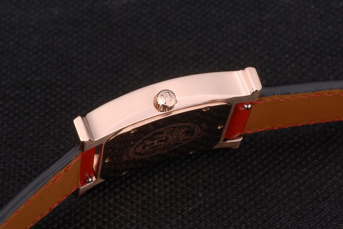Hermes Heure H Rose Gold Bezel White Dial Red Leather Strap 80233 - Image 8