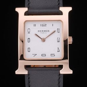 Hermes Heure H Rose Gold Bezel Black Leather Strap White Dial 80235