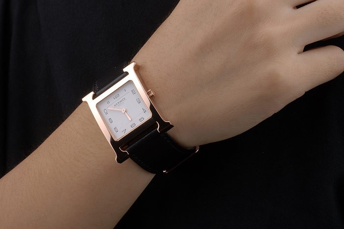 Hermes Heure H Rose Gold Bezel Black Leather Strap White Dial 80235 - Image 2