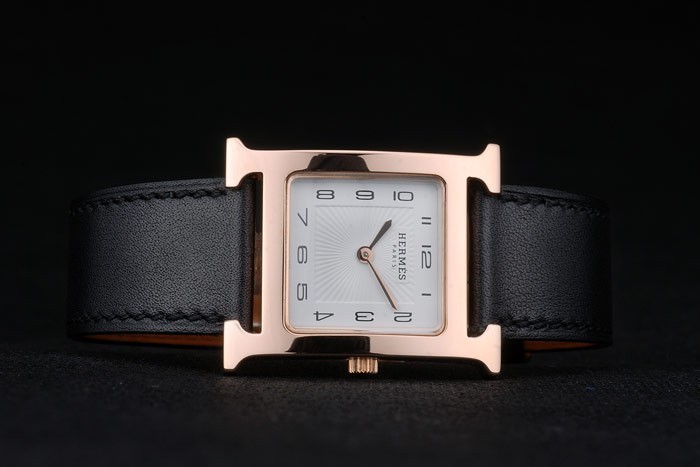 Hermes Heure H Rose Gold Bezel Black Leather Strap White Dial 80235 - Image 4