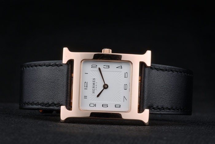 Hermes Heure H Rose Gold Bezel Black Leather Strap White Dial 80235 - Image 5
