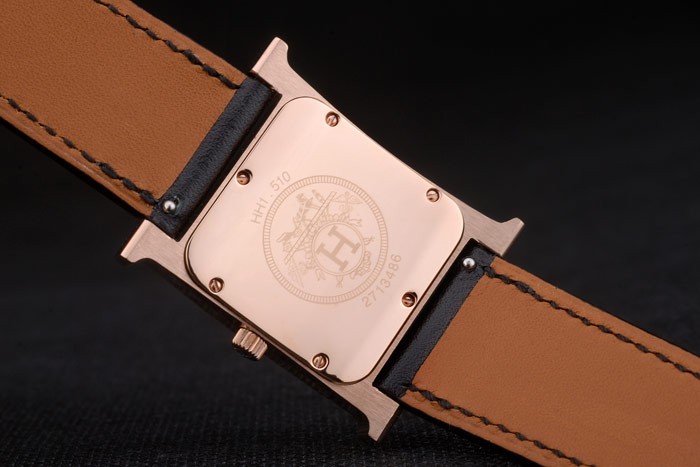 Hermes Heure H Rose Gold Bezel Black Leather Strap White Dial 80235 - Image 7