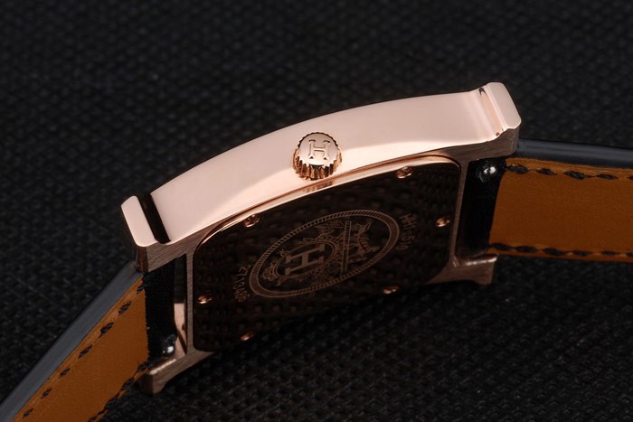 Hermes Heure H Rose Gold Bezel Black Leather Strap White Dial 80235 - Image 8