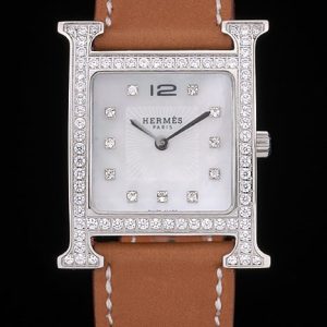 Hermes Heure H Stainless Steel Diamond Encrusted Bezel Tan Leather Strap White Dial 80232