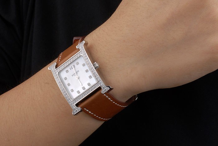 Hermes Heure H Stainless Steel Diamond Encrusted Bezel Tan Leather Strap White Dial 80232 - Image 2