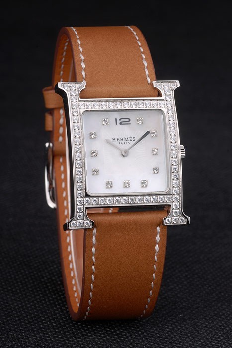 Hermes Heure H Stainless Steel Diamond Encrusted Bezel Tan Leather Strap White Dial 80232 - Image 3