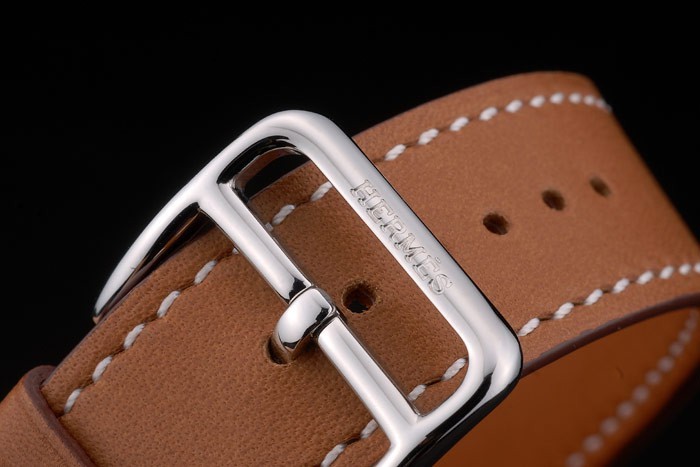 Hermes Heure H Stainless Steel Diamond Encrusted Bezel Tan Leather Strap White Dial 80232 - Image 6