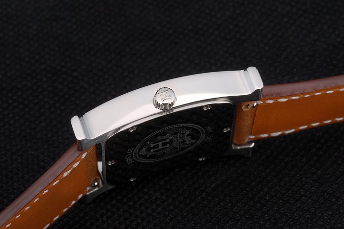 Hermes Heure H Stainless Steel Diamond Encrusted Bezel Tan Leather Strap White Dial 80232 - Image 8