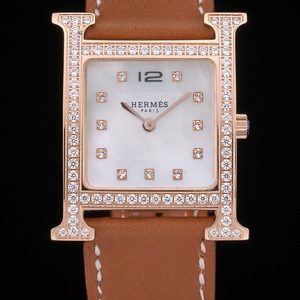 Hermes Heure H Rose Gold Bezel Diamond Encrusted Tan Leather Strap White Dial 80236