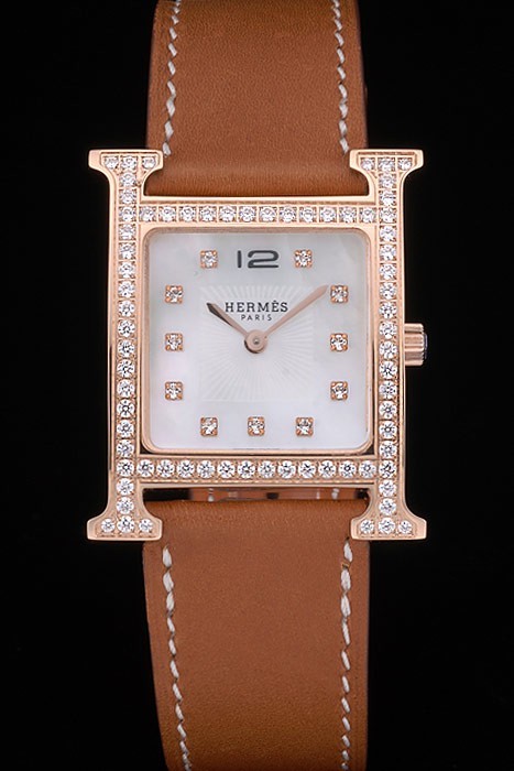 Hermes Heure H Rose Gold Bezel Diamond Encrusted Tan Leather Strap White Dial 80236