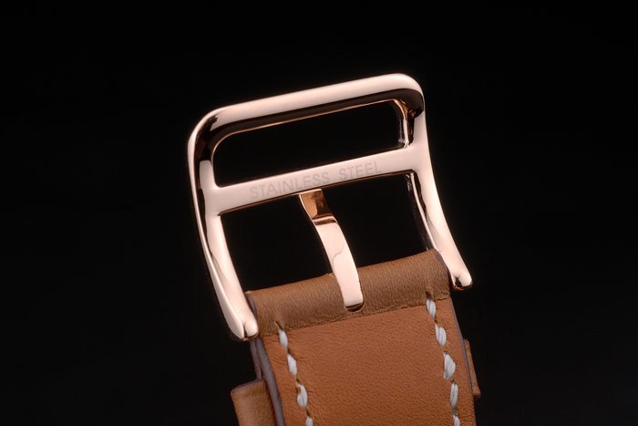 Hermes Heure H Rose Gold Bezel Diamond Encrusted Tan Leather Strap White Dial 80236 - Image 10