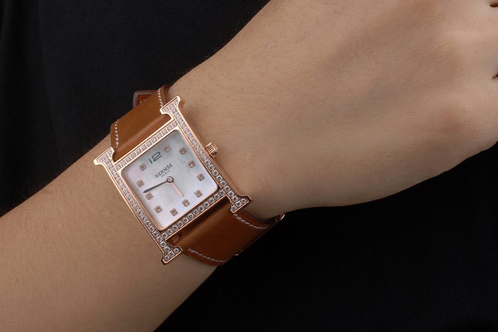Hermes Heure H Rose Gold Bezel Diamond Encrusted Tan Leather Strap White Dial 80236 - Image 2