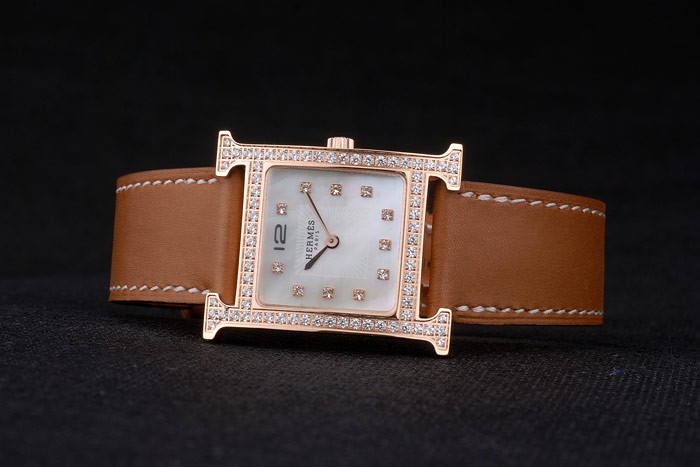 Hermes Heure H Rose Gold Bezel Diamond Encrusted Tan Leather Strap White Dial 80236 - Image 5