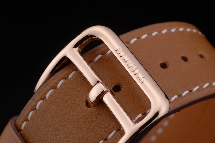 Hermes Heure H Rose Gold Bezel Diamond Encrusted Tan Leather Strap White Dial 80236 - Image 6