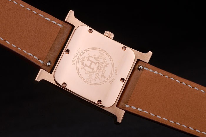 Hermes Heure H Rose Gold Bezel Diamond Encrusted Tan Leather Strap White Dial 80236 - Image 7