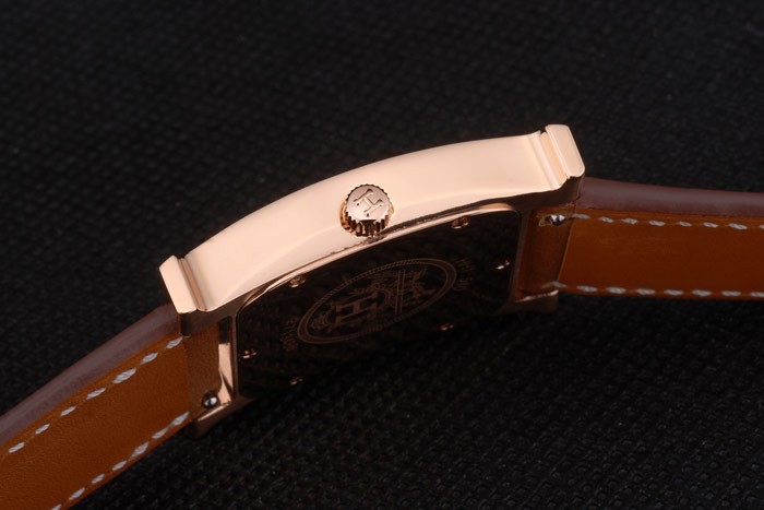 Hermes Heure H Rose Gold Bezel Diamond Encrusted Tan Leather Strap White Dial 80236 - Image 8
