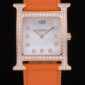 Hermes Heure H Rose Gold Diamond Encrusted Bezel Orange Leather Strap White Dial 80237