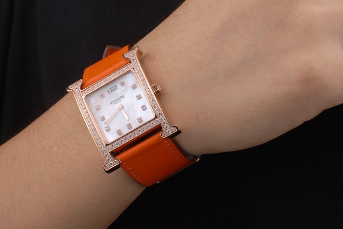 Hermes Heure H Rose Gold Diamond Encrusted Bezel Orange Leather Strap White Dial 80237 - Image 2