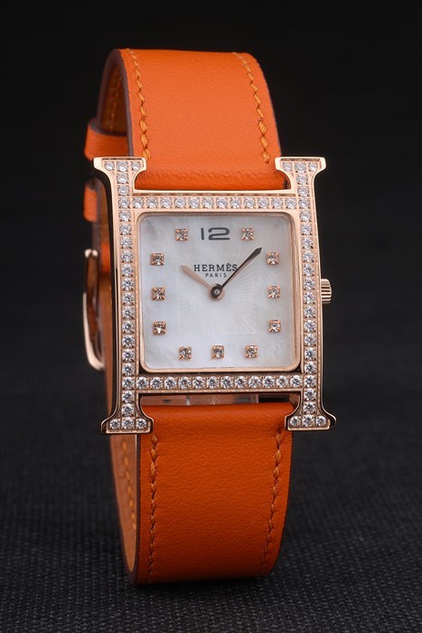 Hermes Heure H Rose Gold Diamond Encrusted Bezel Orange Leather Strap White Dial 80237 - Image 3