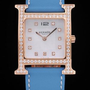 Hermes Heure H Rose Gold Diamond Encrusted Bezel Blue Leather Strap White Dial 80238