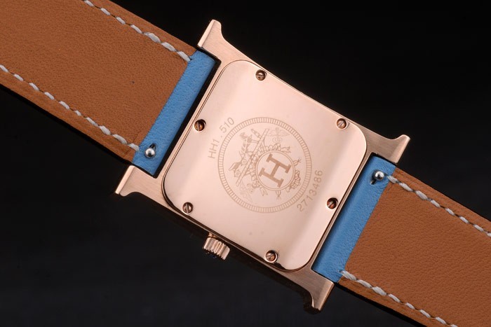 Hermes Heure H Rose Gold Diamond Encrusted Bezel Blue Leather Strap White Dial 80238 - Image 7