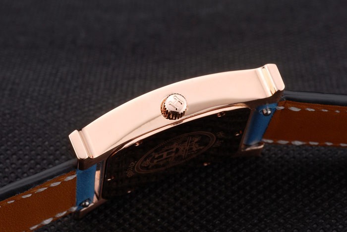 Hermes Heure H Rose Gold Diamond Encrusted Bezel Blue Leather Strap White Dial 80238 - Image 8